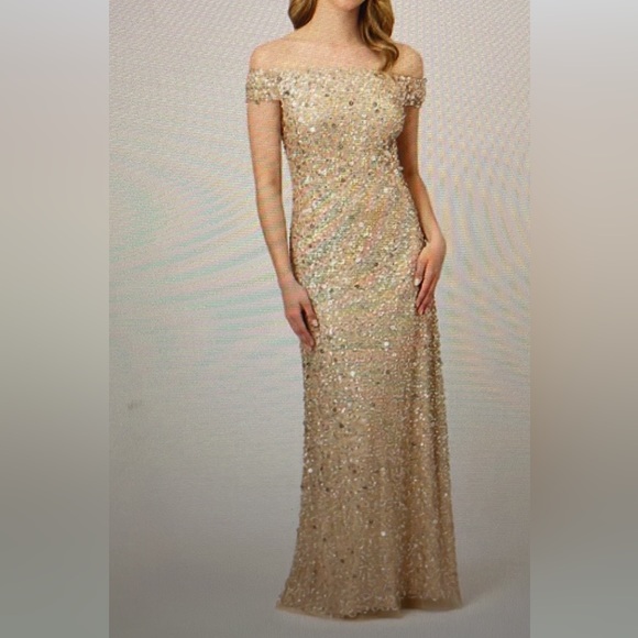 Off the shoulder beaded Adrianna Papell gown in Champagne. Size 10 - Picture 2 of 3